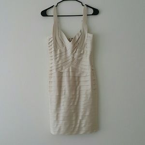 BCBG Maxazria champagne pleated layered dress